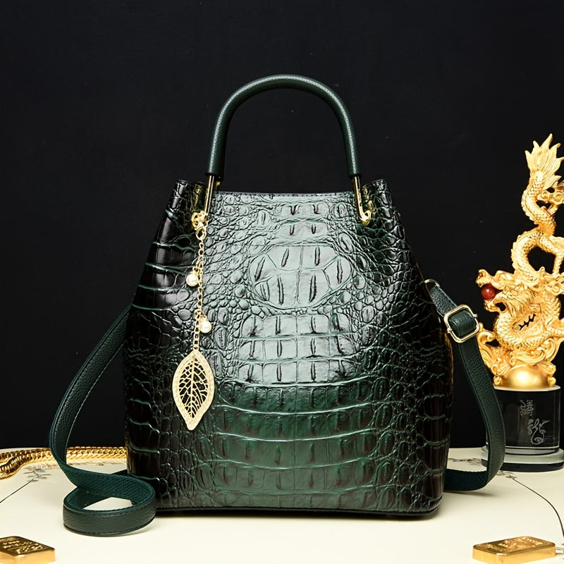 Women's Minimalist Crocodile PU Bucket Bag – Zipper Closure, Removable Strap Hand & Shoulder Bag (White, Red)