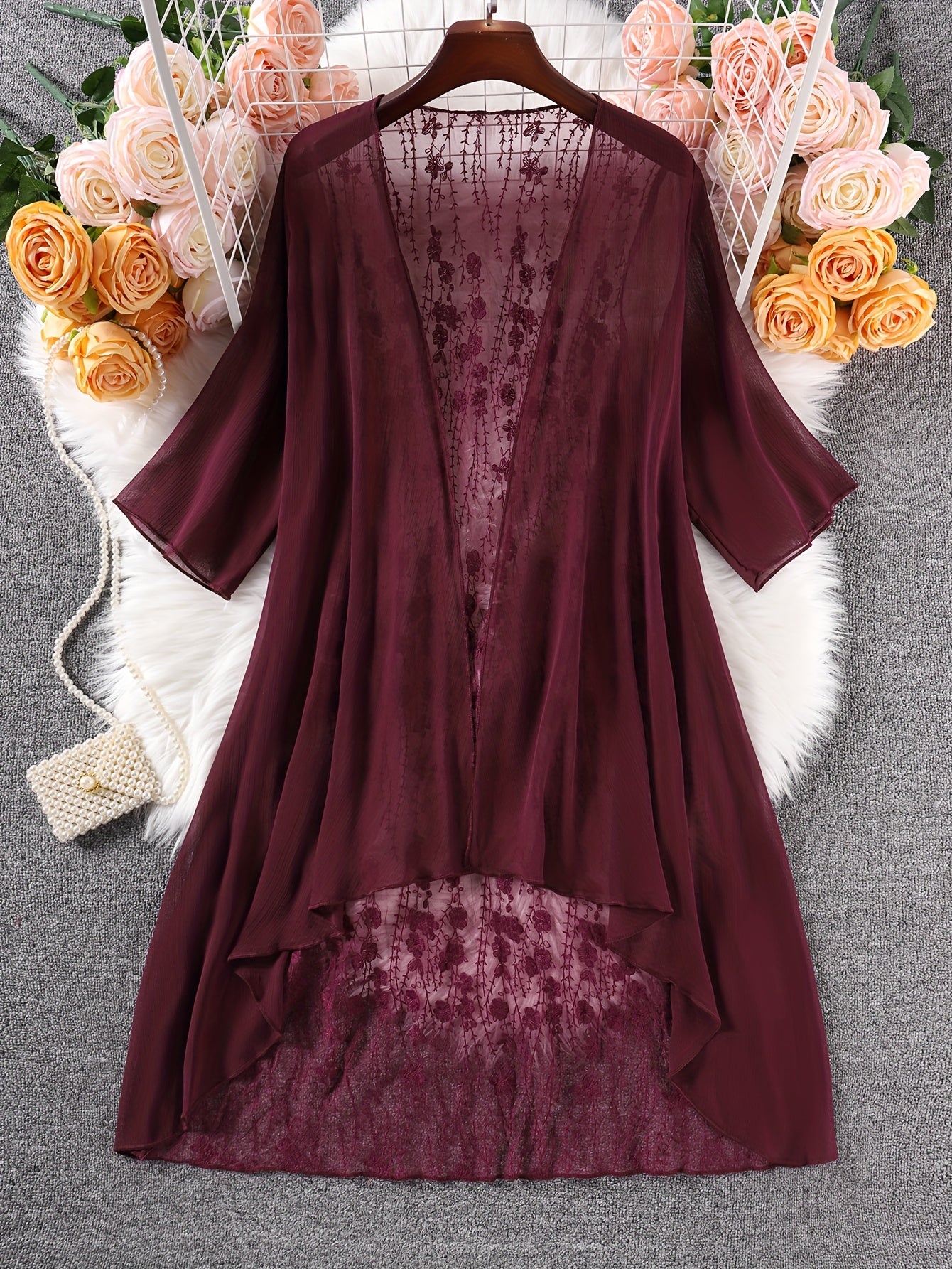 Plus Size Floral Embroidered Kimono Cardigan - Lace Trim Midi Cape, Long Sleeve Semi-Sheer