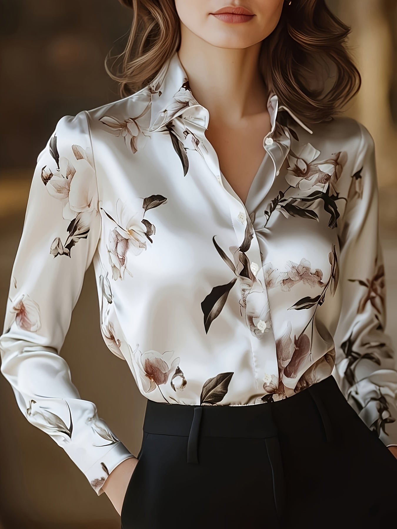 Graceful Women's Floral Print Blouse – Long Sleeve Button-Up with Classic Lapel Collar & Applique, Woven Polyester
