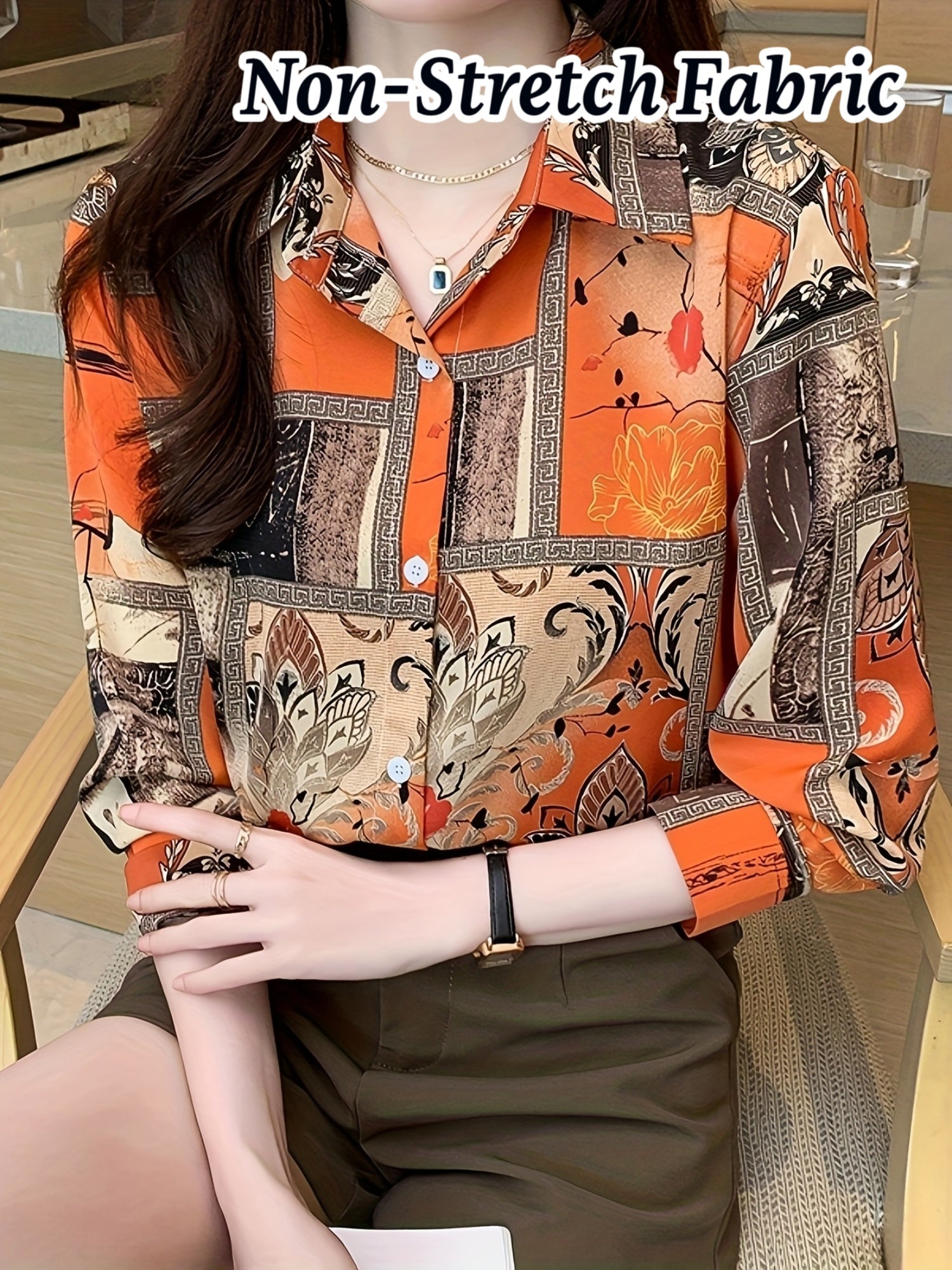 Women's Retro Floral Button-Front Long Sleeve Collared Blouse, Orange Brown - Casual Machine-Washable Polyester
