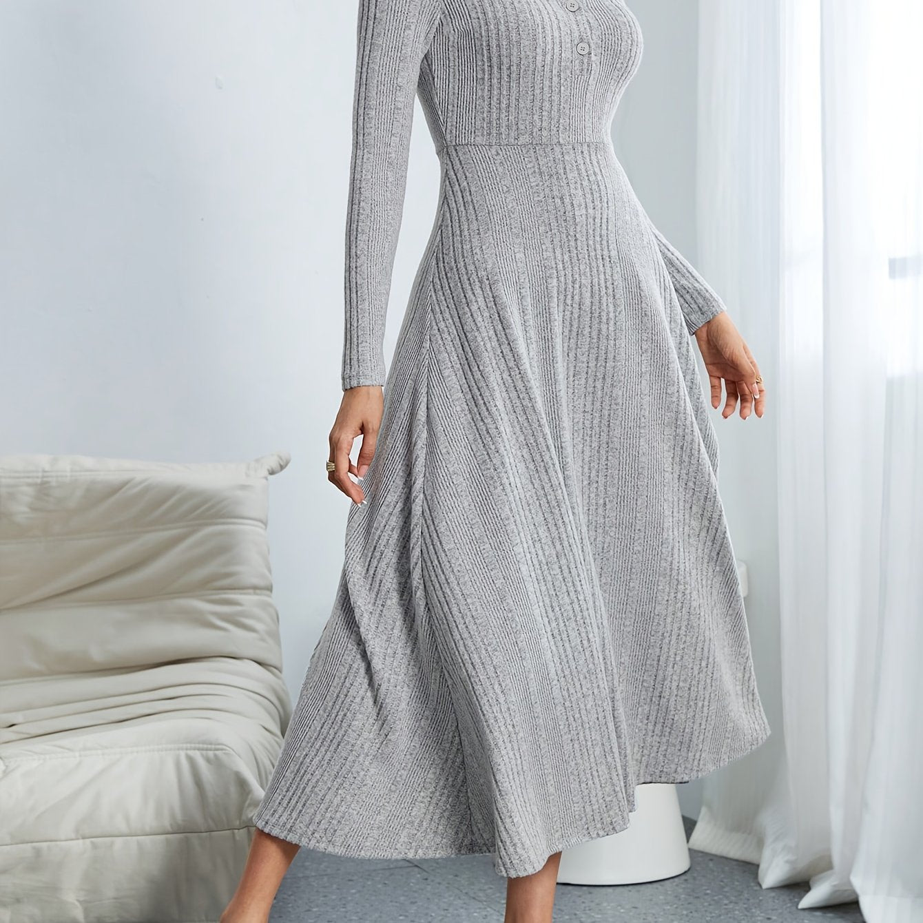 Plus Size Fit & Flare Long Sleeve Dress — Lapel Collar, Button Front Flared Skirt for Office & Fall/Winter