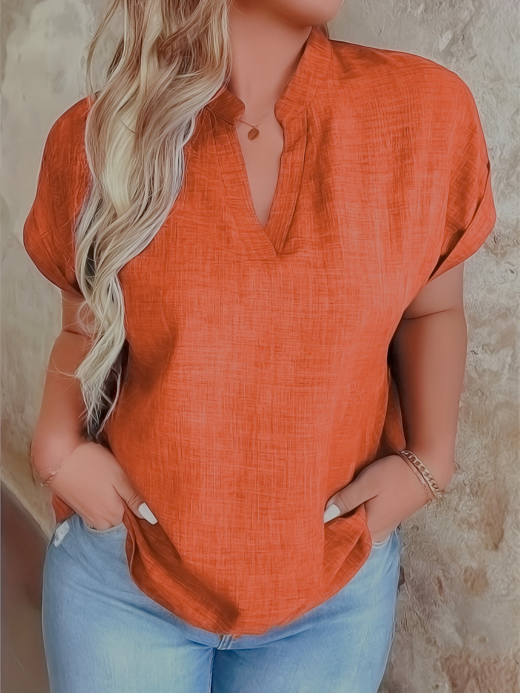 Women's V-Neck Blouse with Stand Collar – Lightweight Yellow Regular Fit Casual Top, 100% Polyester, Machine Washable