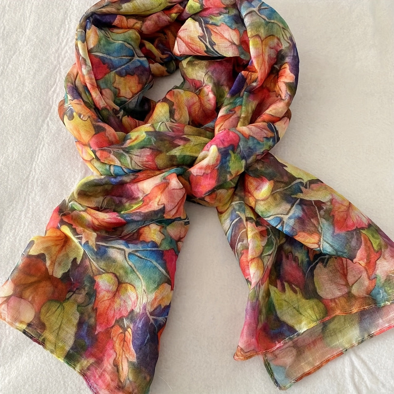 Autumn Maple Leaf Scarf for Women – Lightweight Bali Yarn Shawl, Multicolor Fall Print