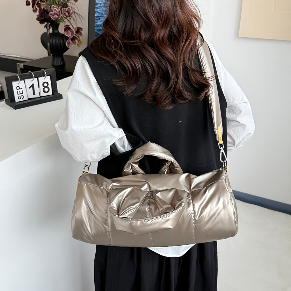 Quilted Puff Bucket Shoulder Bag Large Capacity PU Handbag with Detachable Strap Gold-Tone Hardware Zipper Closure Champagne Black Silver Blue