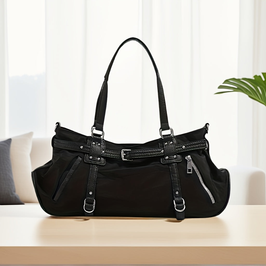 Retro Grunge Shoulder Bag for Women - Detachable Strap, Zipper Nylon Baguette Purse in Bright Pink/Black with Oil-Tanned Trim & Metallic Hardware