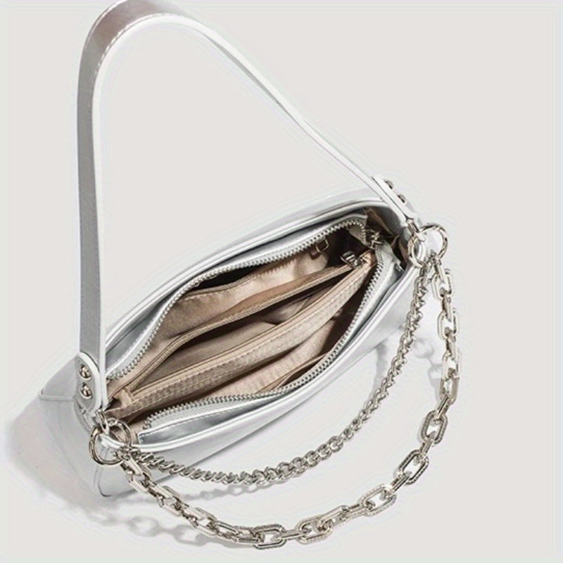 Silvery Baguette Shoulder Bag for Women – Minimalist Split Leather Adjustable Strap Handbag