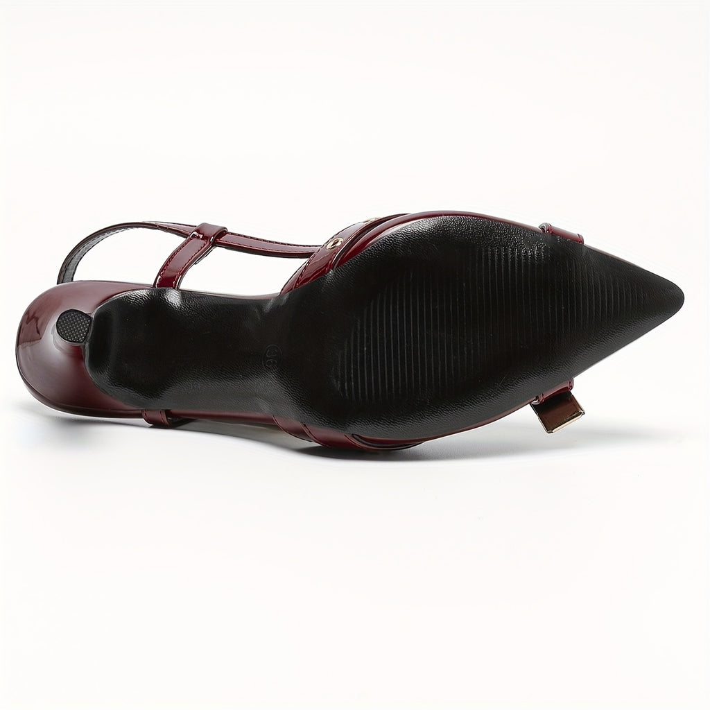 Women's Red Pointed-Toe Stiletto Pumps with Gold Buckle Cross Ankle Strap