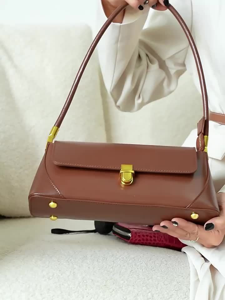 Women's French Baguette Handbag – Cowhide Shoulder Purse with Gold Hardware, Fixed Strap, Buckle Closure, Coffee/White/Black