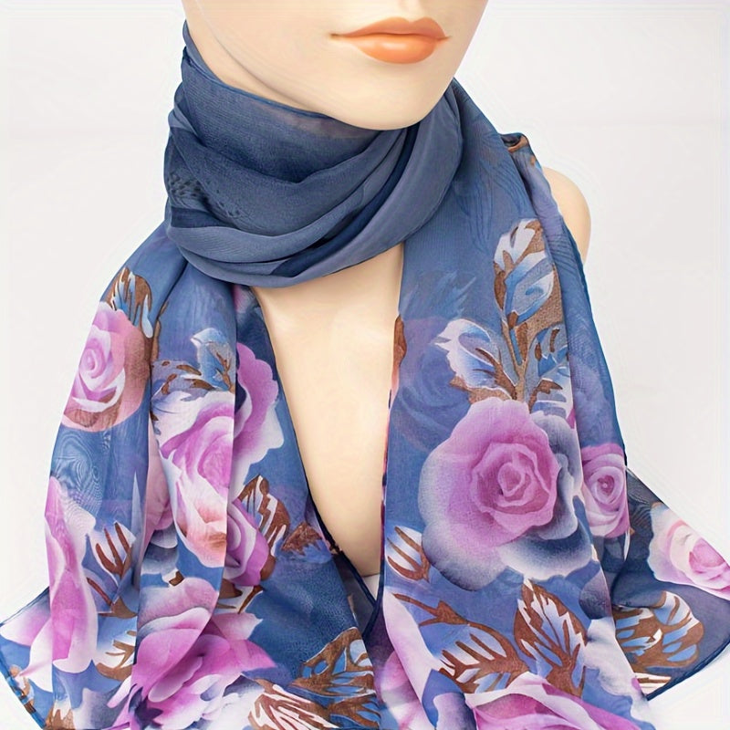 Women's Lightweight Chiffon Floral Scarf - Vintage Colorful Flower Shawl Warm Winter Wrap