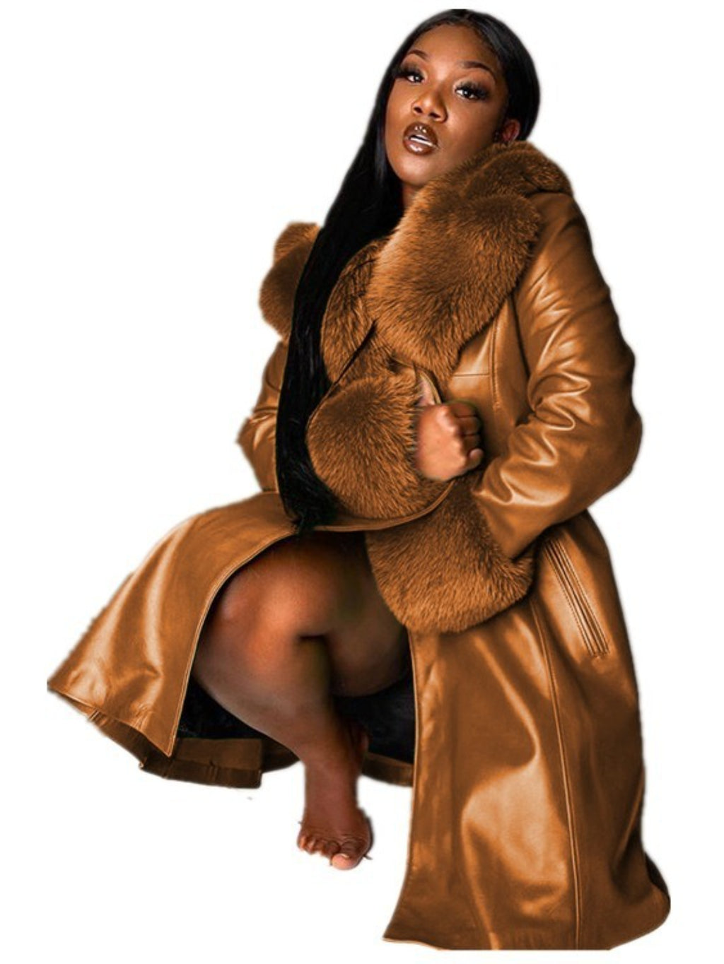 Plus Size Women's Purple PU Leather Coat with Faux Fur Collar & Lapel — Long Oversized Winter Jacket, Gold Zipper, Machine Washable