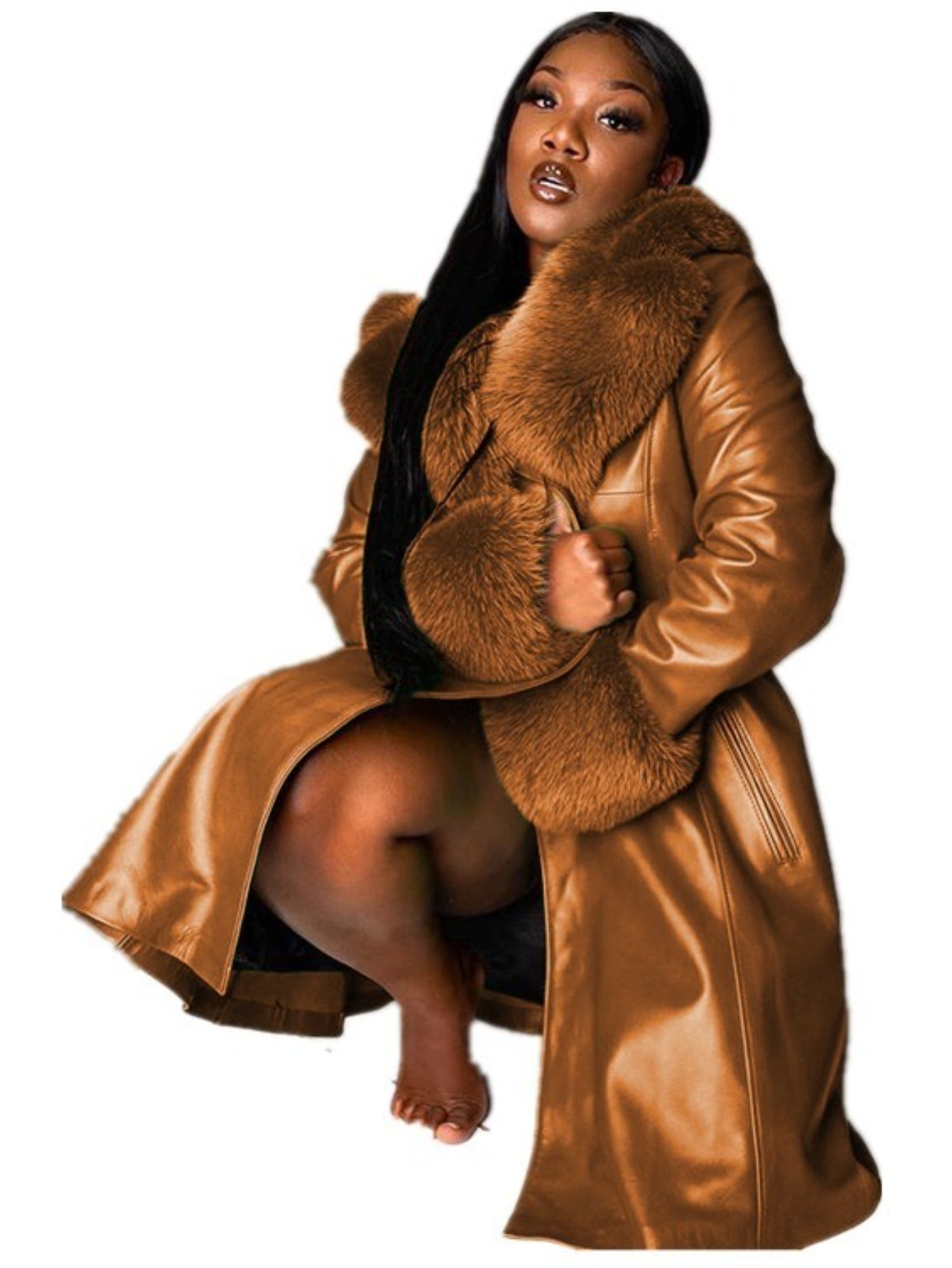 Plus Size Women's Purple PU Leather Coat with Faux Fur Collar & Lapel — Long Oversized Winter Jacket, Gold Zipper, Machine Washable