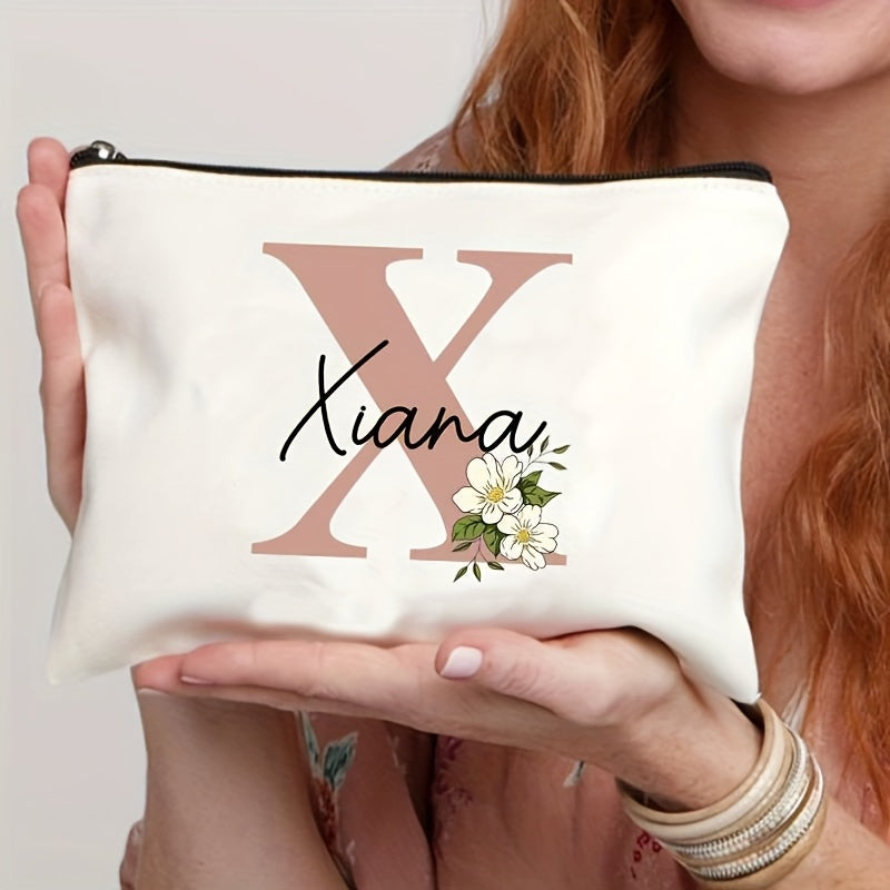 Customizable Floral Makeup Bag - Foldable Polyester Cosmetic Pouch for Travel, Zippered Toiletry Organizer, Machine Washable, Ideal Bachelorette Gift