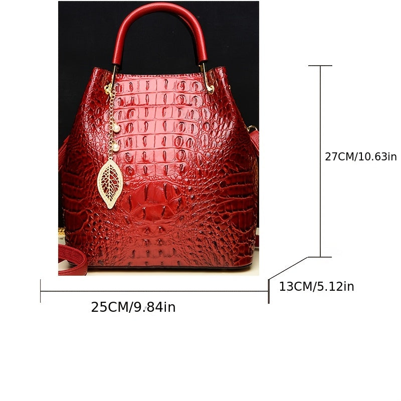 Women's Minimalist Crocodile PU Bucket Bag – Zipper Closure, Removable Strap Hand & Shoulder Bag (White, Red)