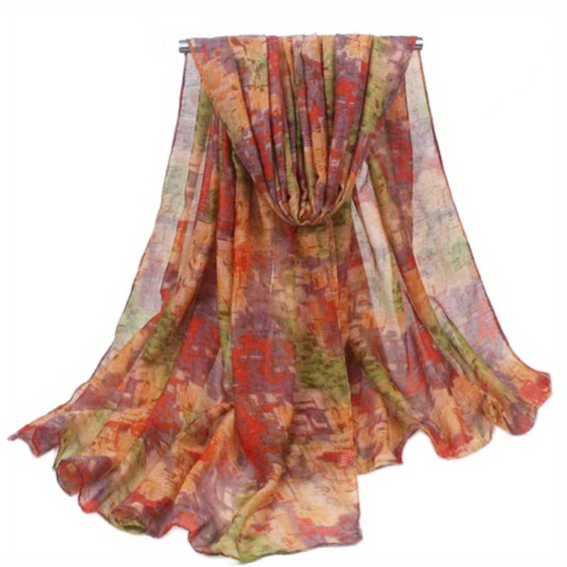 Vintage Paisley Ombre Scarf – Long 180 x 70 cm (70.85 x 27.5 in) Polyester Shawl for Women, Brown-to-Blue Geometric Floral Print