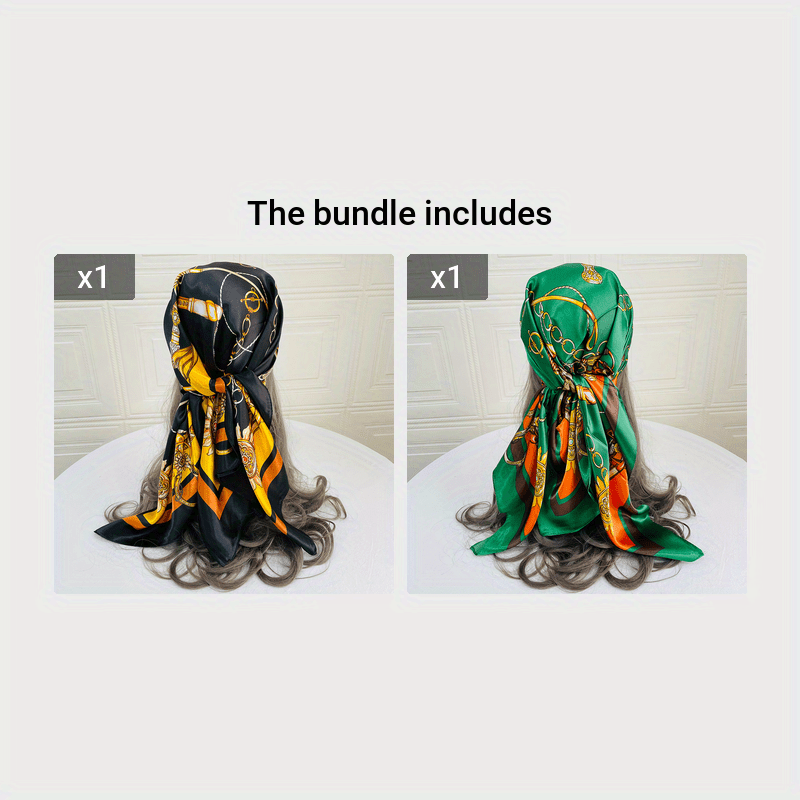 Classic Chain Print Satin Square Scarf 35.4in (90cm) Imitation Silk Sunscreen Shawl Hijab Beach Wrap for Spring Summer