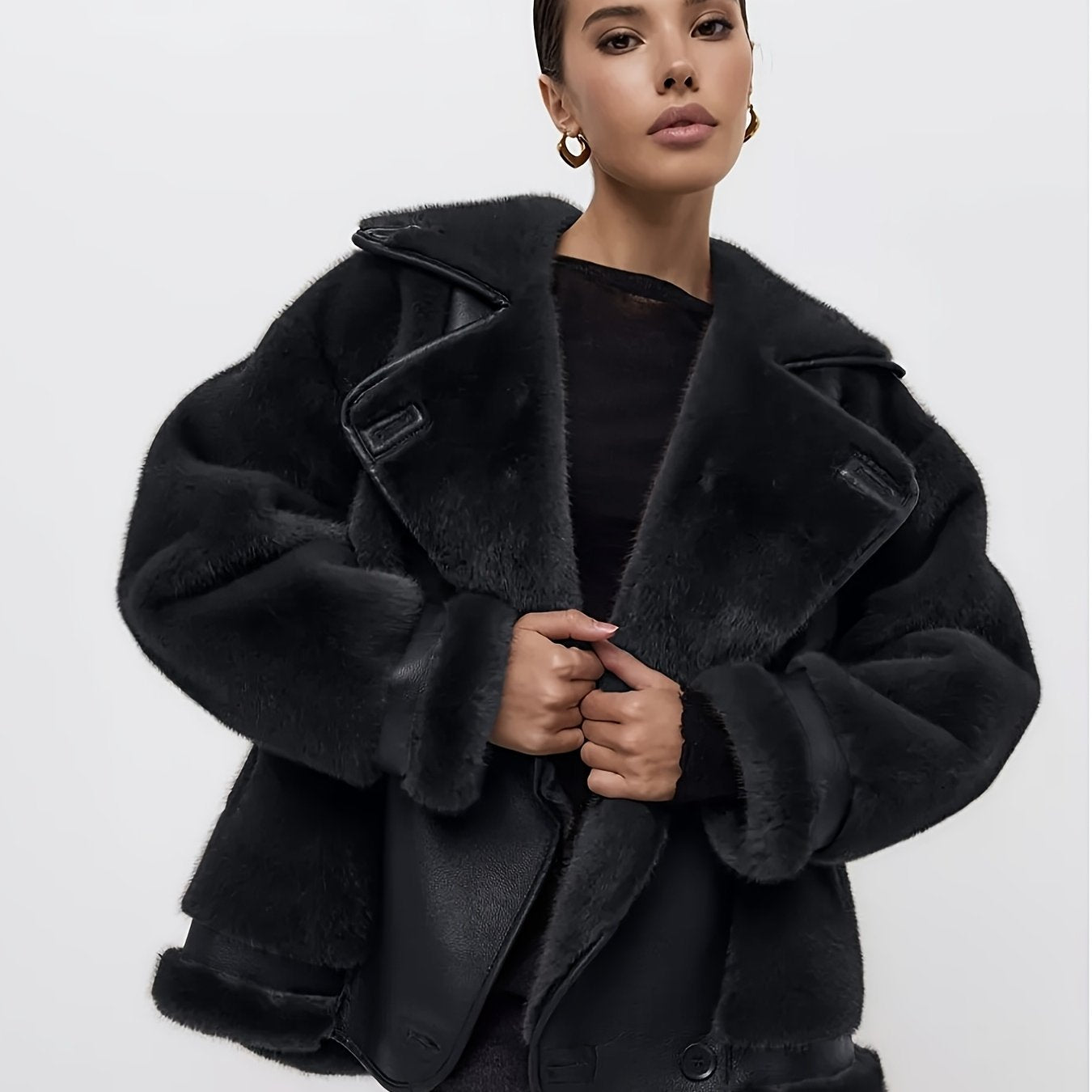 AFTF BASIC Women's Long Faux Mink Fur Jacket, Asymmetrical Hem Motorcycle Coat with Turnover Collar and Faux Fur Lining