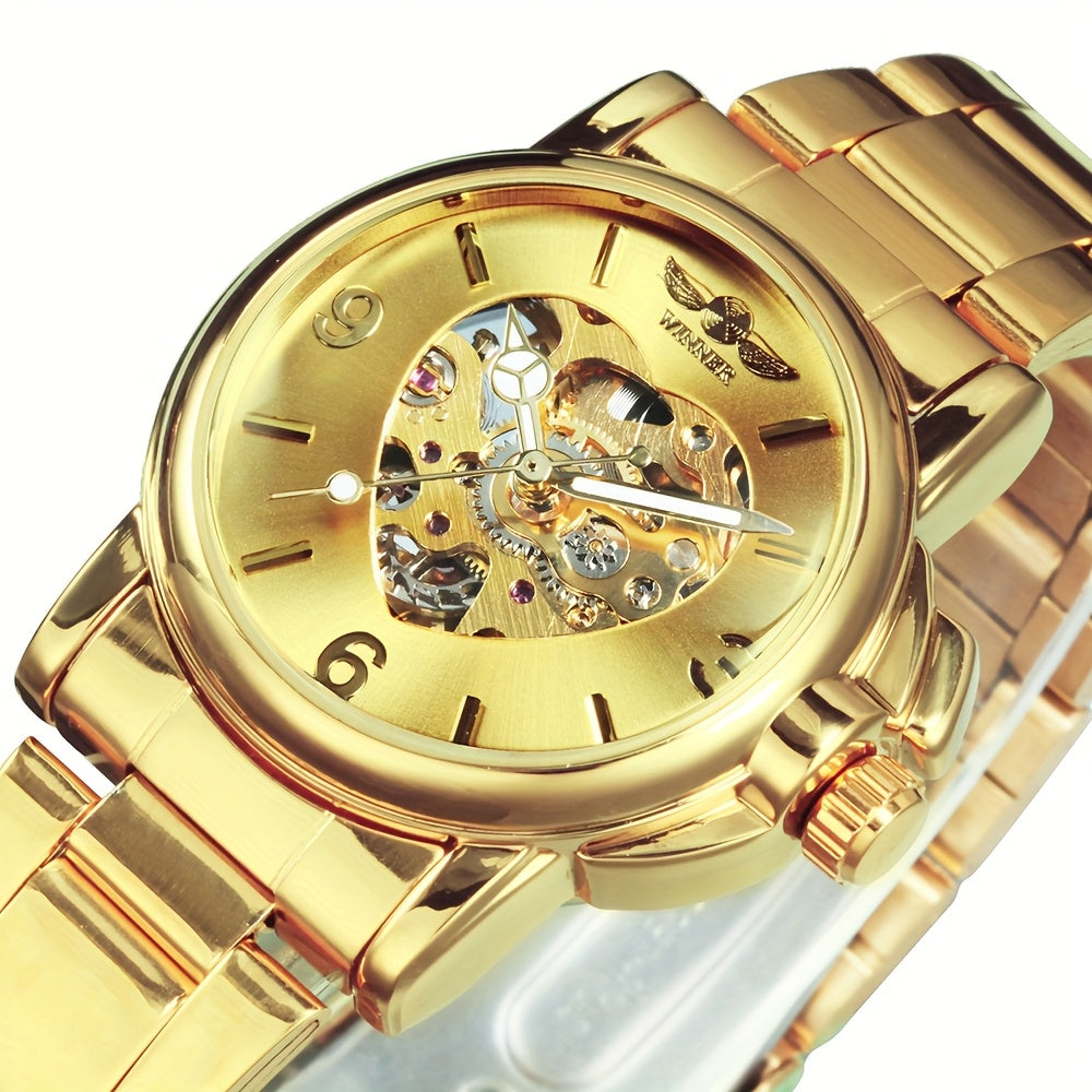 T-WINNER Women's Automatic Mechanical Watch – Luxury Gold Skeleton Dial, Luminous Hands, Stainless Steel Strap with Folding Safety Clasp