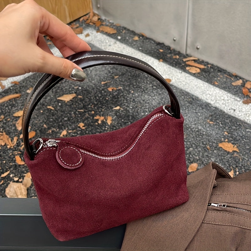 Vintage-Inspired Women's Baguette Shoulder Bag - Matte Split Leather Underarm Purse with Adjustable Strap (Burgundy, Coffee, Light Brown)