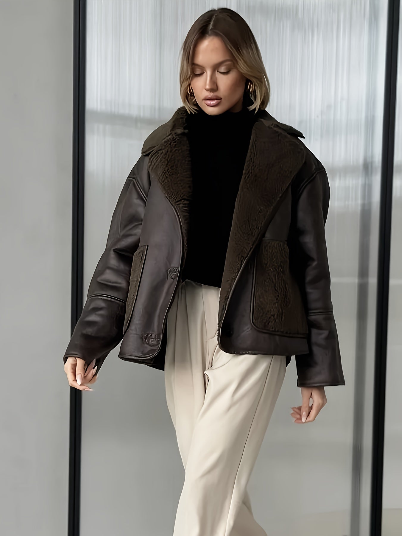 Women’s Cream Faux Fur-Lined PU Leather Jacket — Thick Winter Coat with Turtleneck, Asymmetrical Hem & Side Pockets