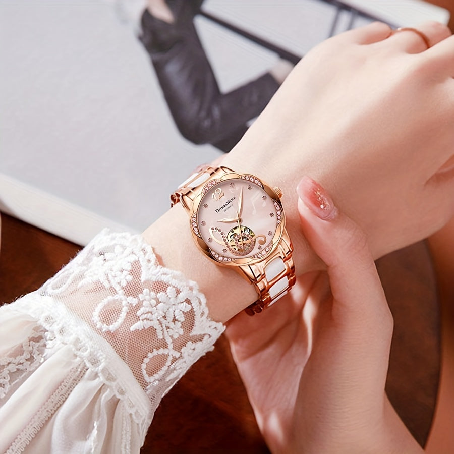 Women's Rose Gold Mechanical Skeleton Watch – Pink Dial, Roman Numerals, Hand-Winding Dress Watch