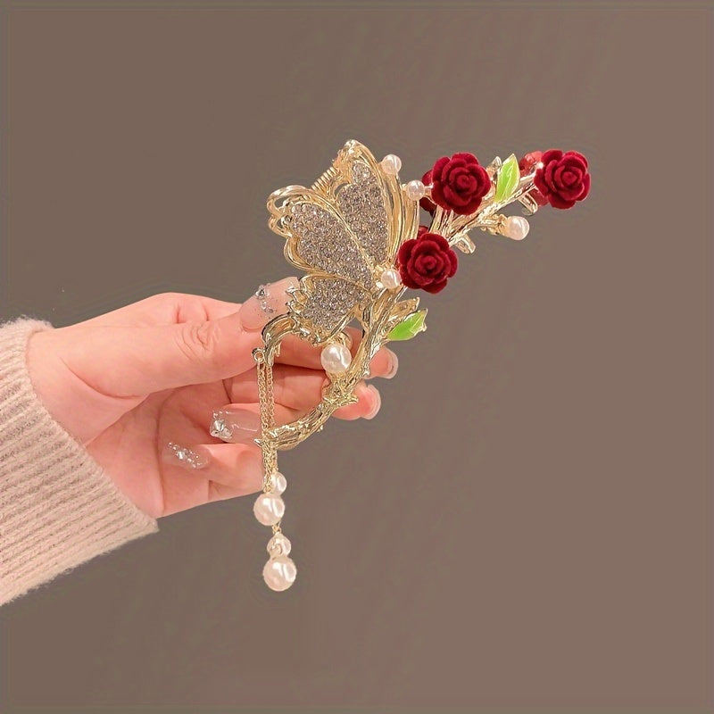 Vintage Butterfly Hair Clip with Faux Pearls & Rhinestones, Red & Gold Tassel Hair Accessory for Women