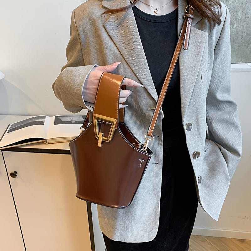 Elegant Women's PU Leather Bucket Crossbody Bag – Small Zippered Crossbody with Detachable Adjustable Strap & Gold-Tone Hardware