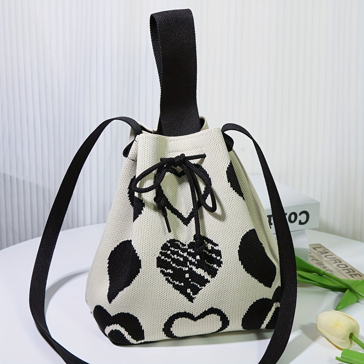 Mini Heart Pattern Bucket Bag - Drawstring Shoulder & Crossbody Handbag