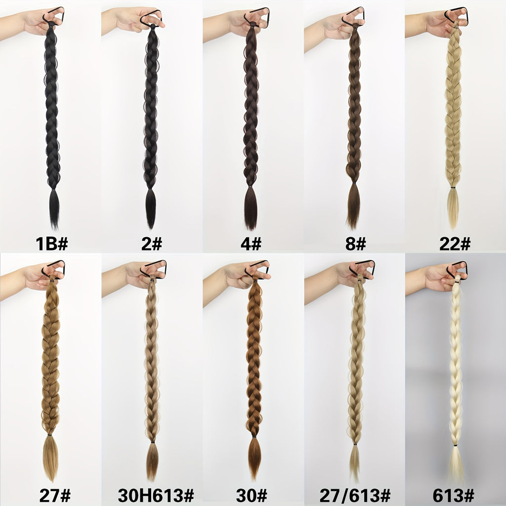 Long Braided Ponytail Extension with Elastic Tie - Heat-Resistant Synthetic Hair for Women, Wrap-Around Ponytail for Daily & Party