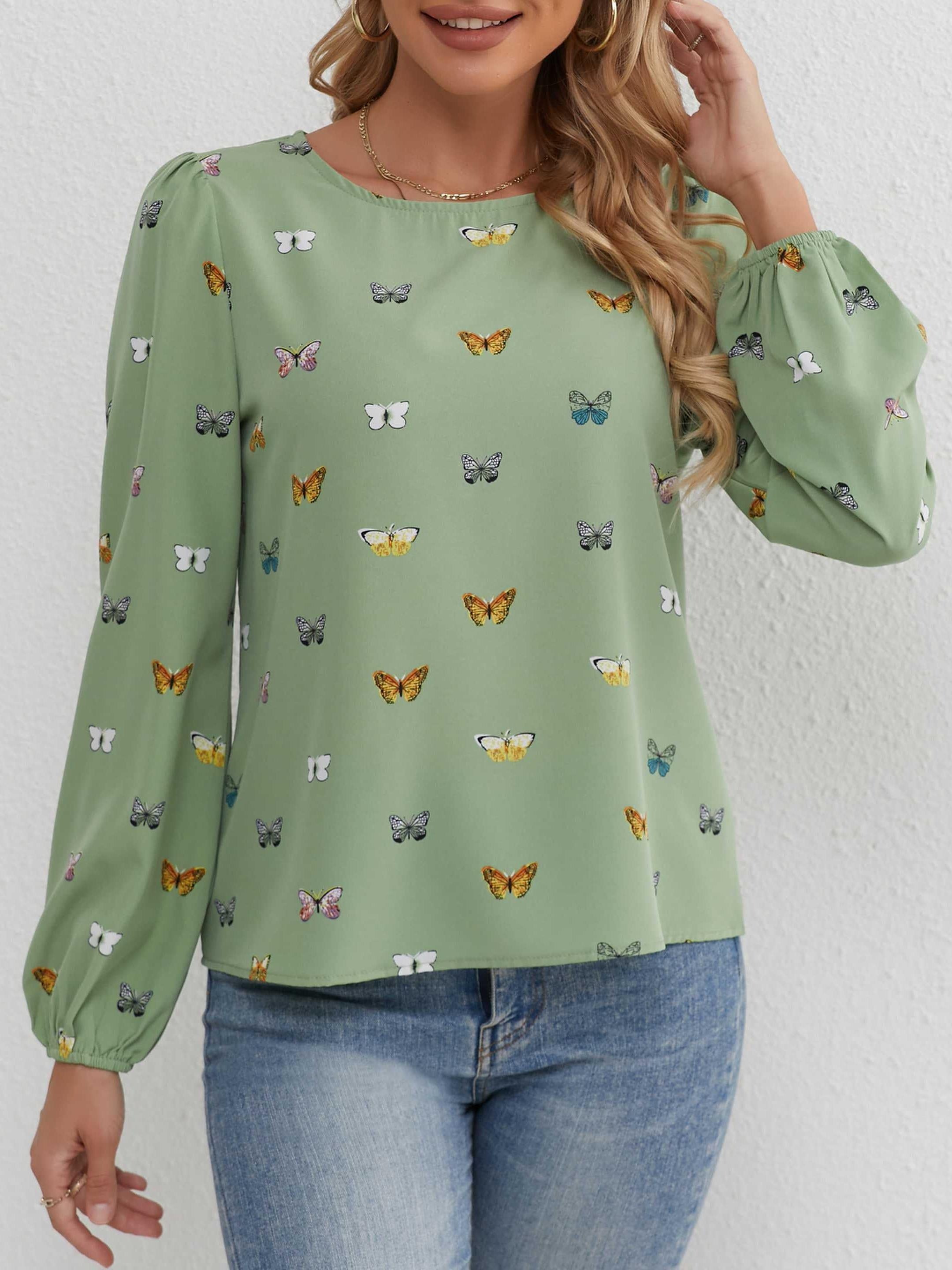 Women's Light Green Butterfly Print Blouse Long Sleeve Ruffle Crew Neck Top for Spring Summer Fall