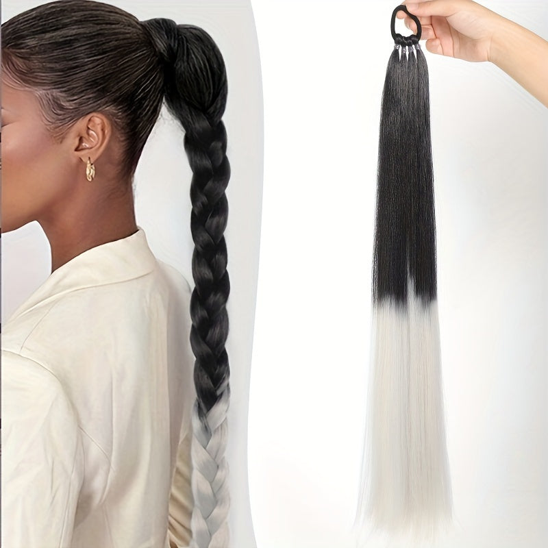 28-Inch (71 cm) Long Straight Synthetic Ponytail Extension, Wrap-Around Boxing Braid with Elastic Hair Ring for DIY