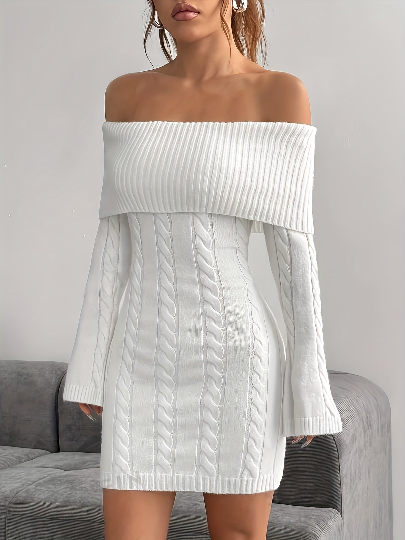 Women's Off-the-Shoulder White Cable Knit Sweater Dress - Long Sleeve A-Line for Weddings, Parties & Winter
