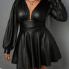Plus Size Elegant V-Neck Lantern Sleeve A-Line Dress with Belt and Deep Side Pockets, Stretchy Fitted Long Sleeve Party Dress