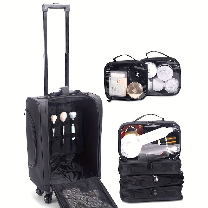 Large Rolling Makeup Train Case with 6 Portable Makeup Bags and Spacious Professional Travel Bag – Black