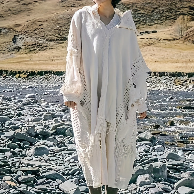 White Boho Fringe Shawl for Women – Lightweight Polyester Wrap, Breathable Sun-Proof Cover-Up for Spring & Autumn