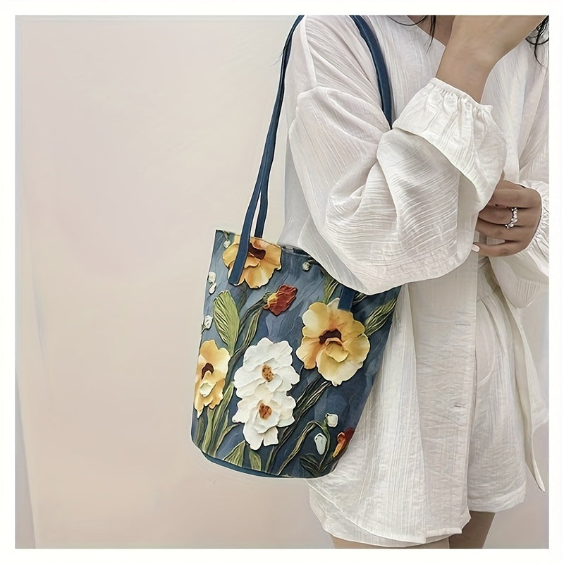 Women's Floral Bucket Handbag - Large Capacity Oxford Tote with Oil Painting Flower Design, Buckle Closure & Fixed Shoulder Strap (Black, Blue, Green)