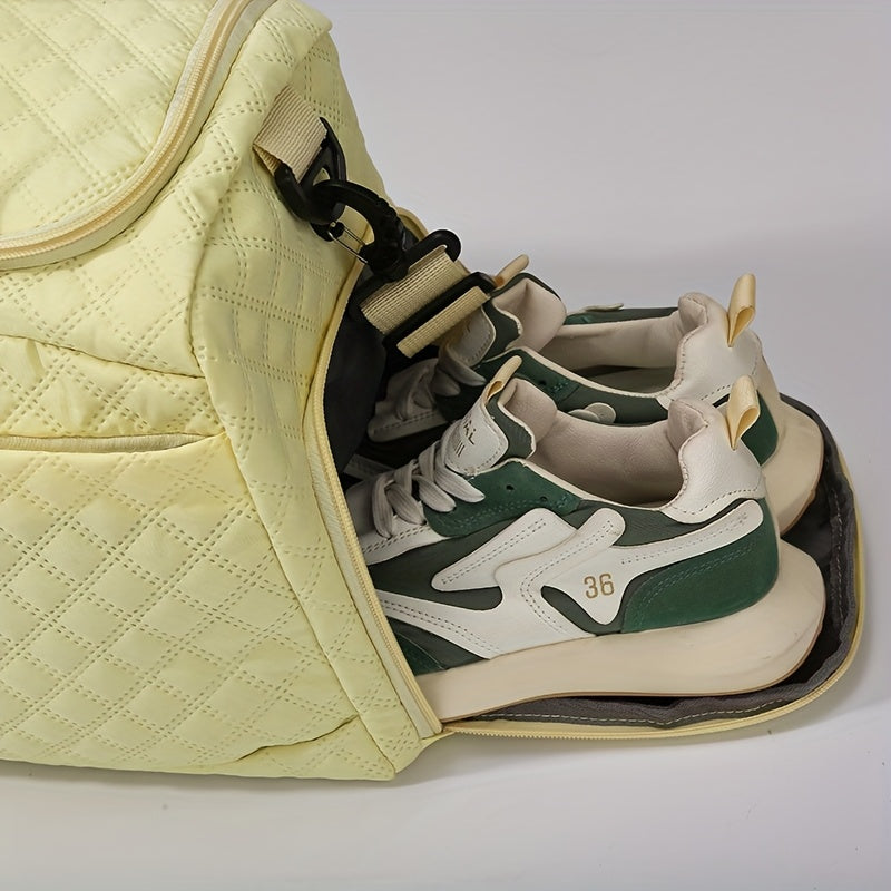 Women's Quilted Diamond 3-Piece Bag Set – Large Capacity Nylon Travel Tote, Removable-Strap Handbag & Square Makeup Bag