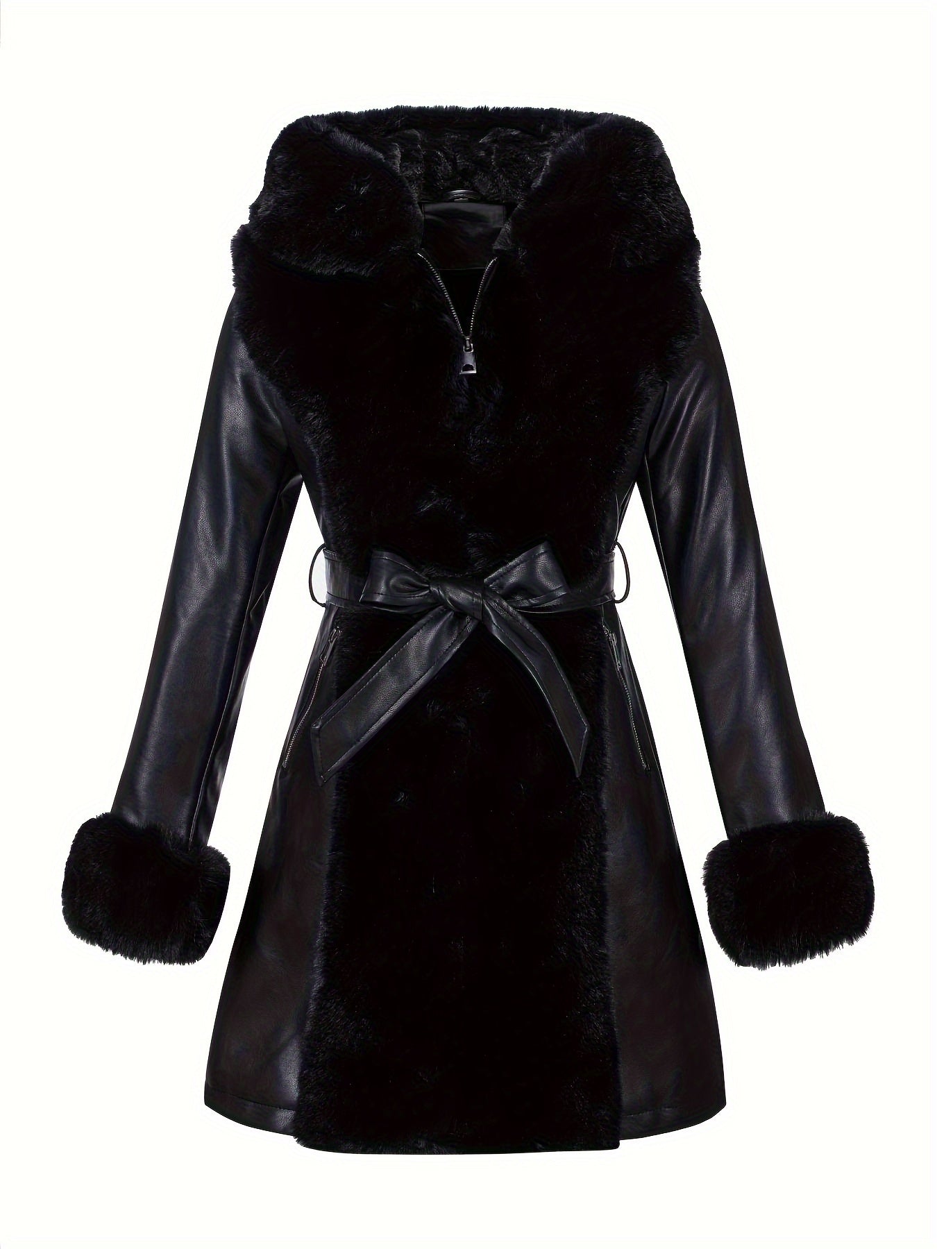 Women's Faux Fur-Trim PU Leather Hooded Coat with Belt - Warm Black Fall/Winter Jacket