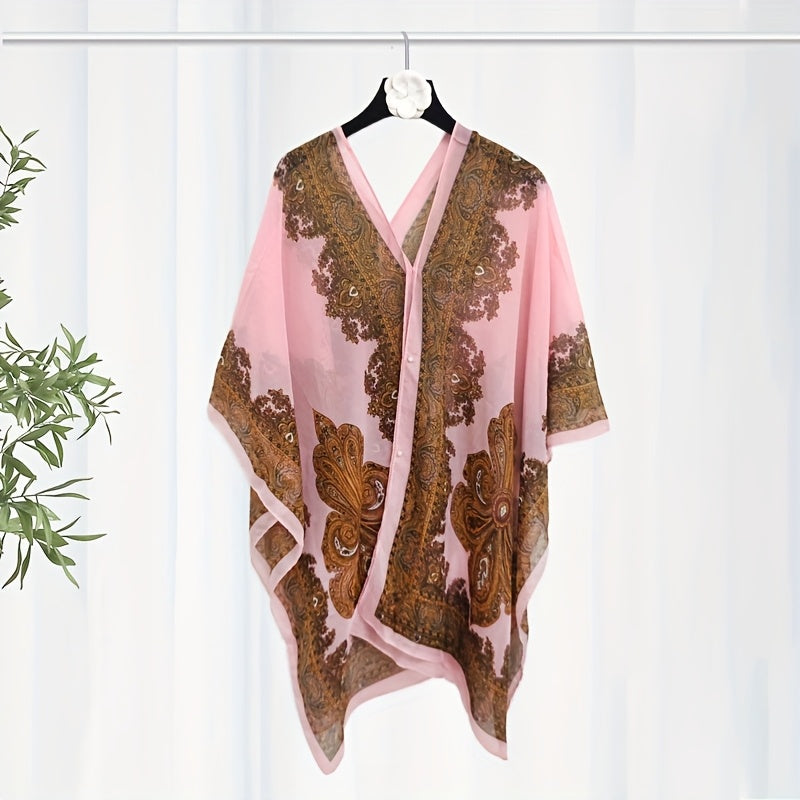 Women's Turquoise Jacquard Scarf Shawl – Large Square Lightweight Breathable Beach Cover-Up & Multiway Long Wrap Poncho