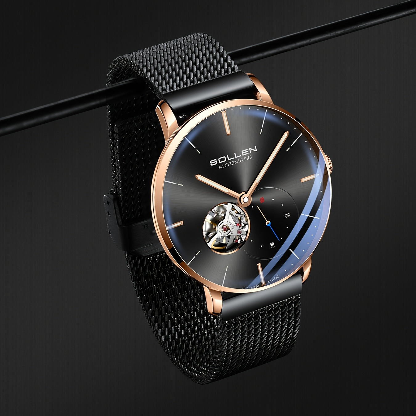 SOLLEN Automatic Mechanical Unisex Watch – Stainless Steel Round Case, Black Dial, Luminous Hands, Business Casual