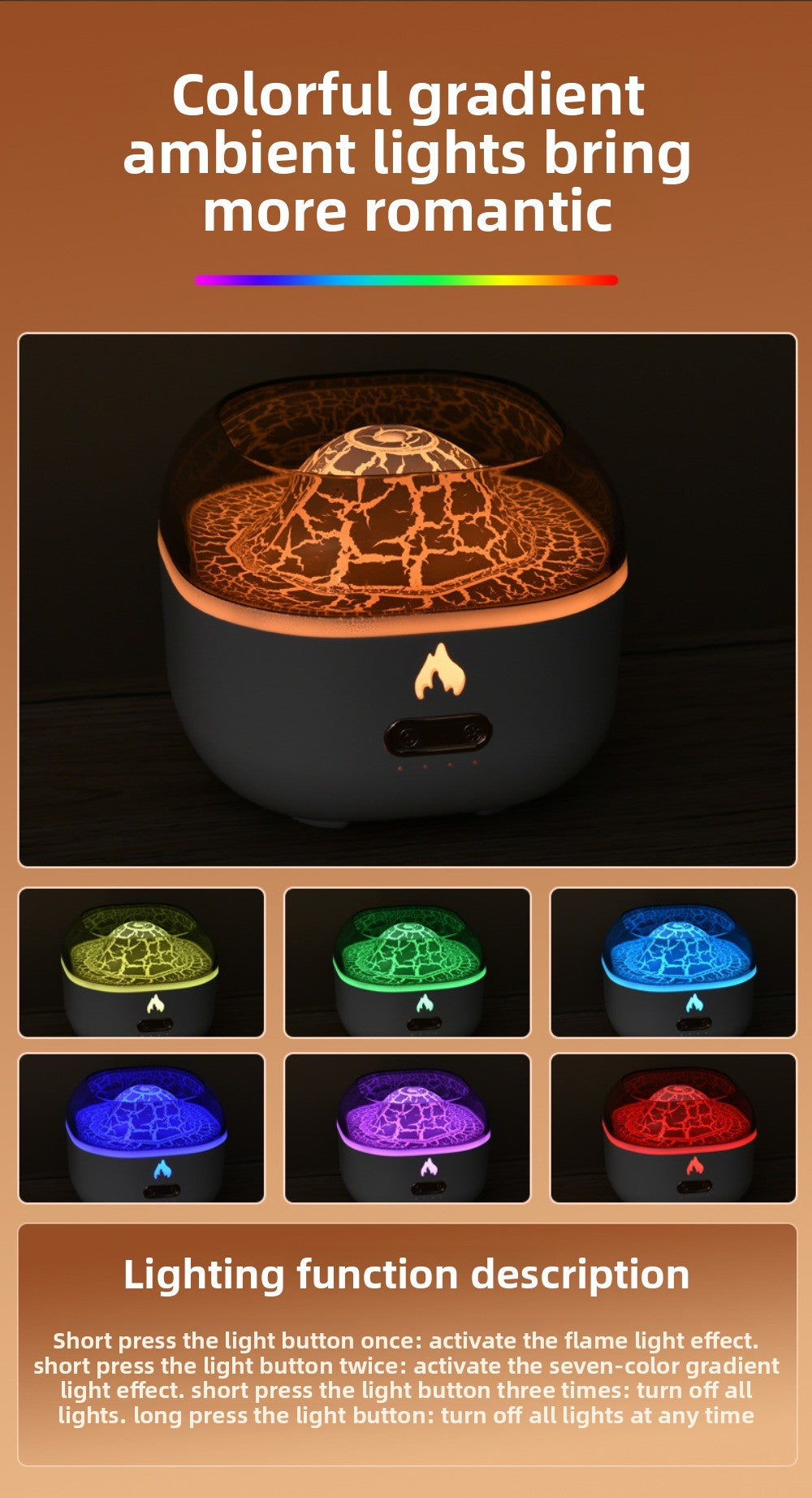 7-Color USB Volcano Aromatherapy Diffuser Humidifier with Ambient Nightlight for Home, Office & Car