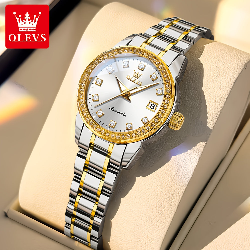 OLEVS Women's Automatic Mechanical Watch – Stainless Steel Bracelet, Luminous Dial & Date Window, Polished Formal Timepiece