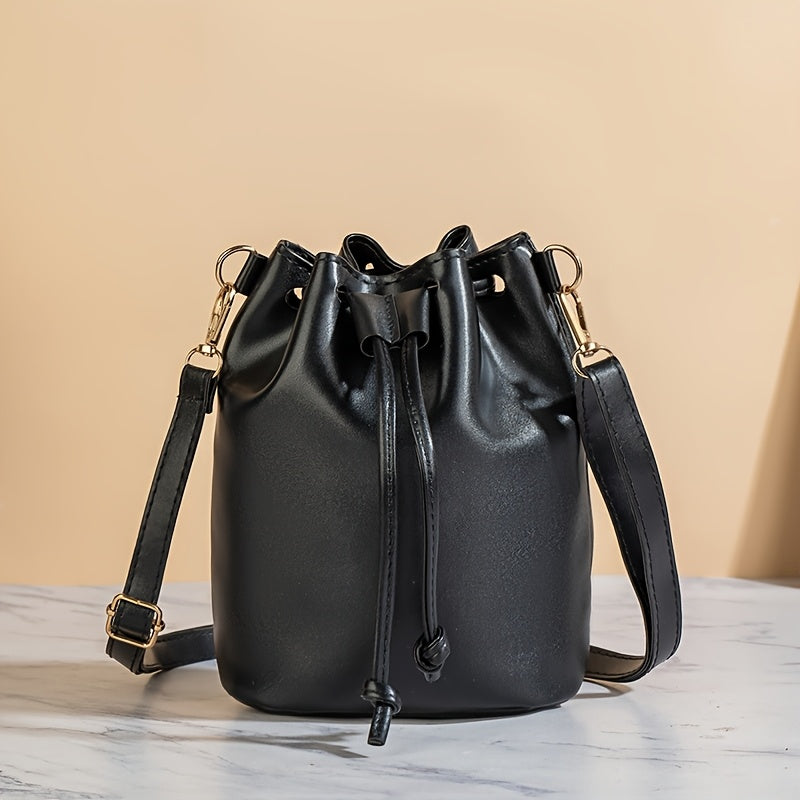 Women's Black Adjustable Crossbody Bucket Bag - Drawstring Closure Minimalist Shoulder Purse