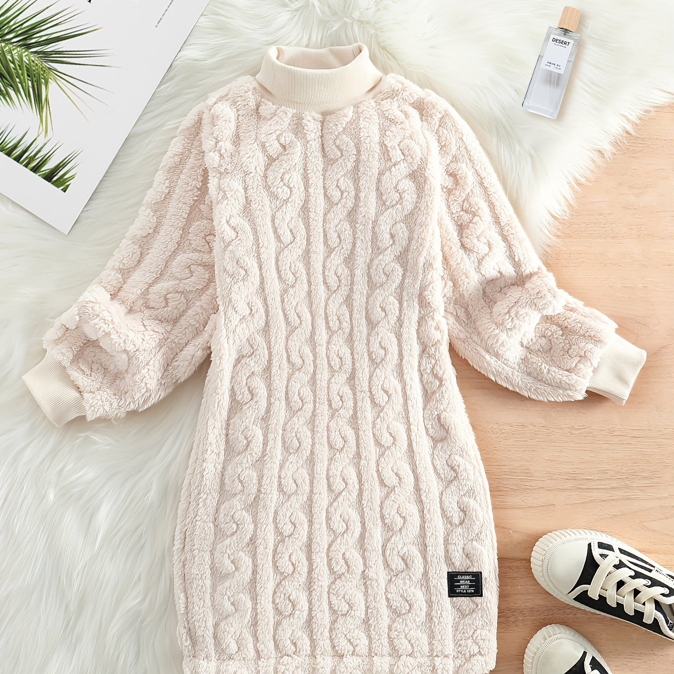 Girls' Mustard Yellow Fleece Cable Knit Dress - Long Sleeve Casual Fall/Winter, Machine Washable