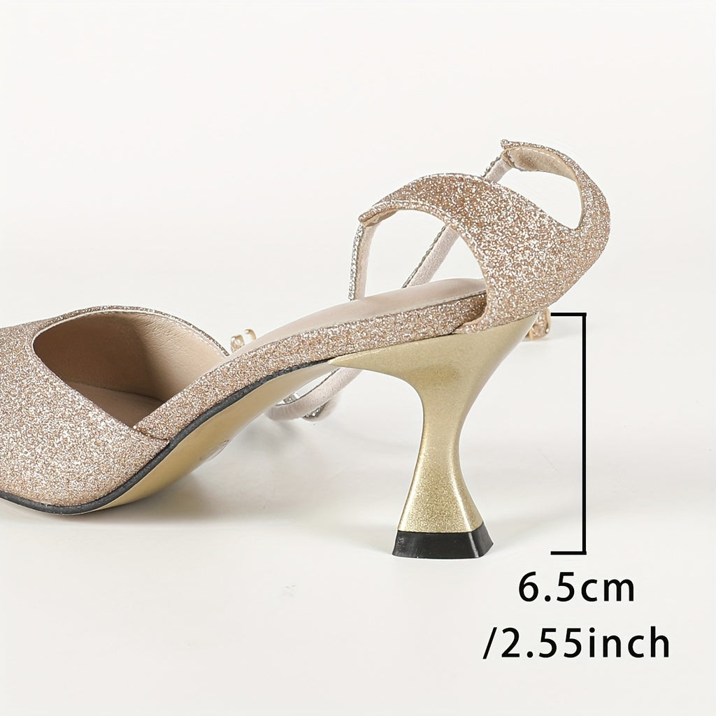 Women's Glitter Kitten Heel Sandals, Pointed Toe Ankle Strap with Adjustable Hook & Loop Closure for Weddings & Parties