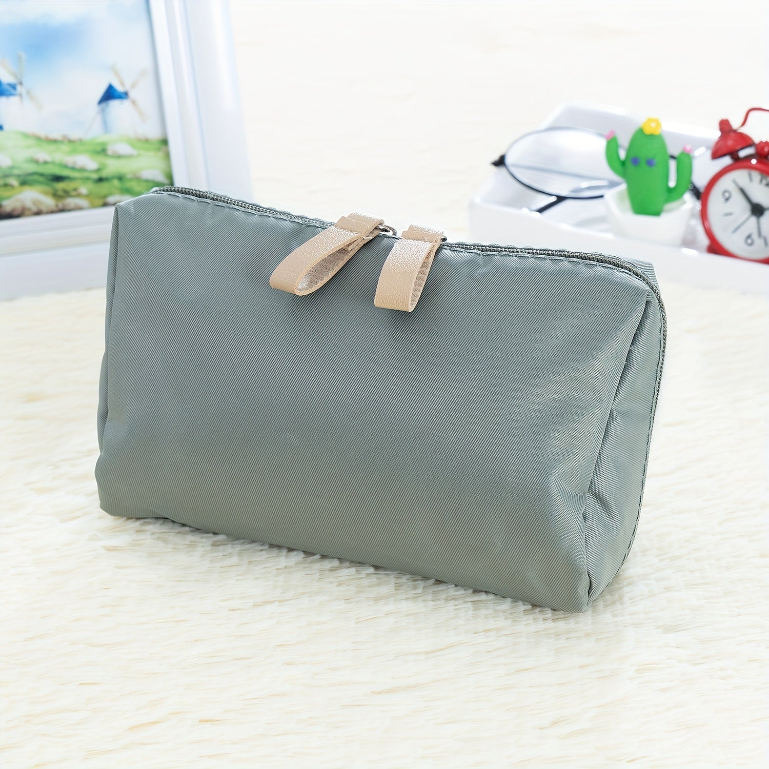 Compact Nylon Makeup Organizer Bag with Zipper – Unisex Travel Cosmetic & Toiletry Case (Beige/Black)