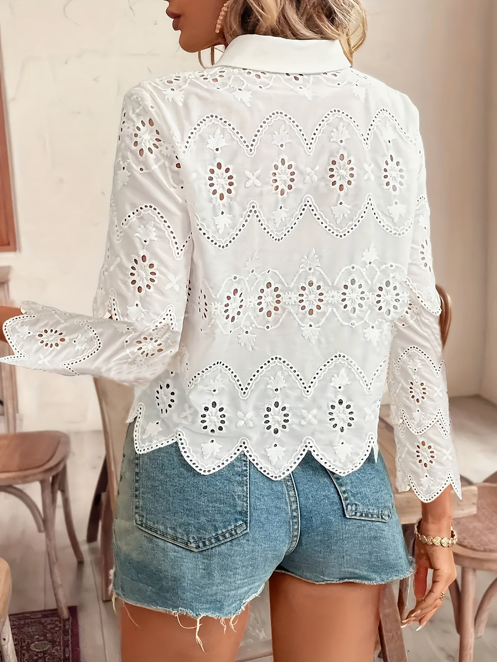 White Lace-Trim Floral Button-Up Blouse for Women – 100% Polyester, Semi-Sheer Lapel Collar, Casual Chic