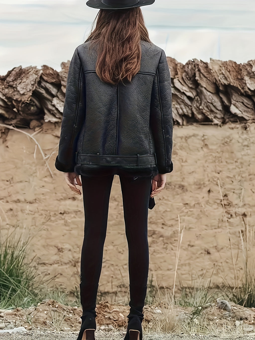 Women's Brown Faux Fur Motorcycle Jacket – Belted Zipper Jacket with Goldtone Hardware & Side Pockets