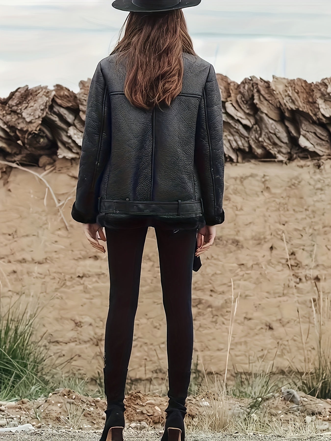 Women's Brown Faux Fur Motorcycle Jacket – Belted Zipper Jacket with Goldtone Hardware & Side Pockets