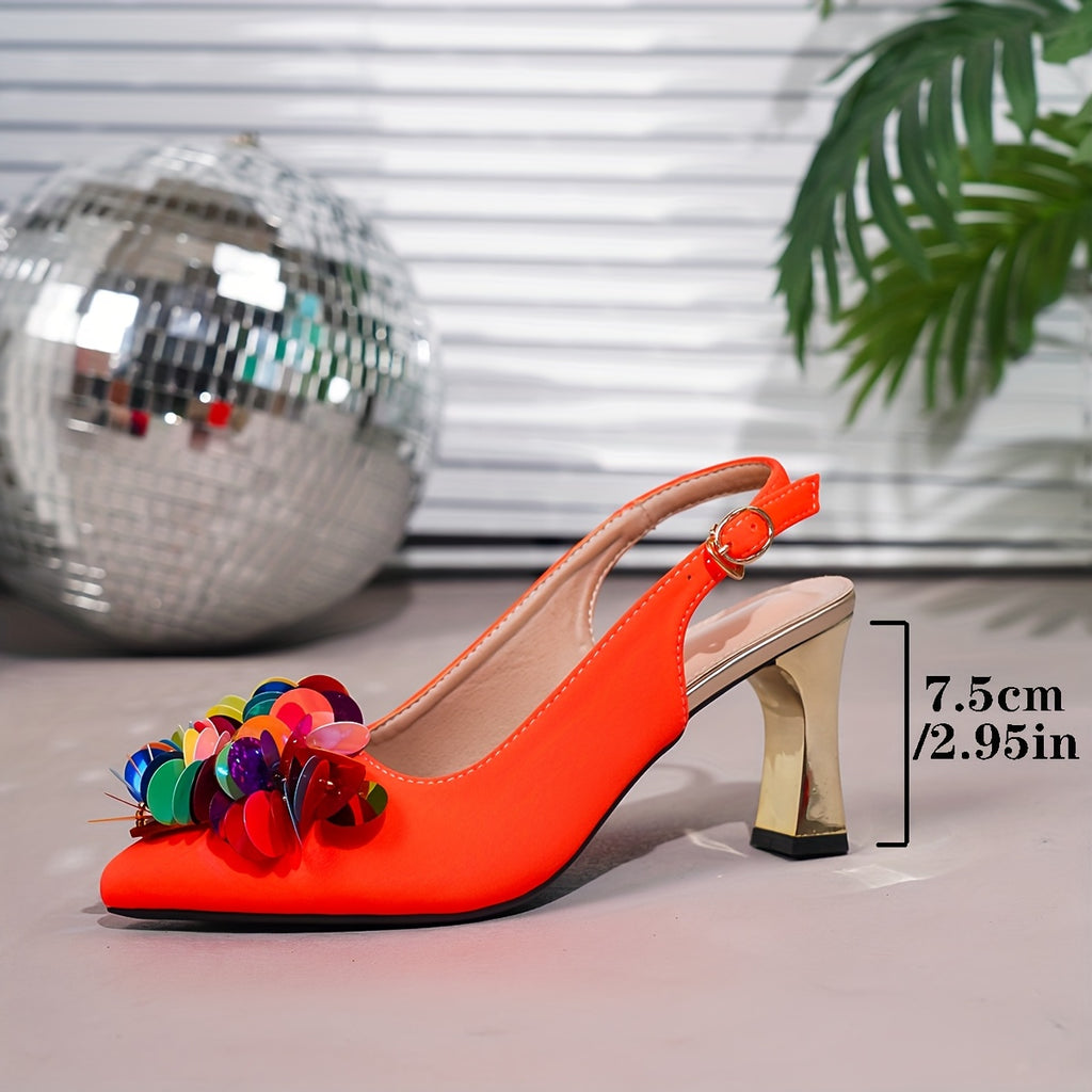Women's Pointed Toe Block Heel Pumps – Orange & Black Sequined Evening Shoes with Cushioned Insole & Non-Slip Rubber Sole – Party & Wedding Guest