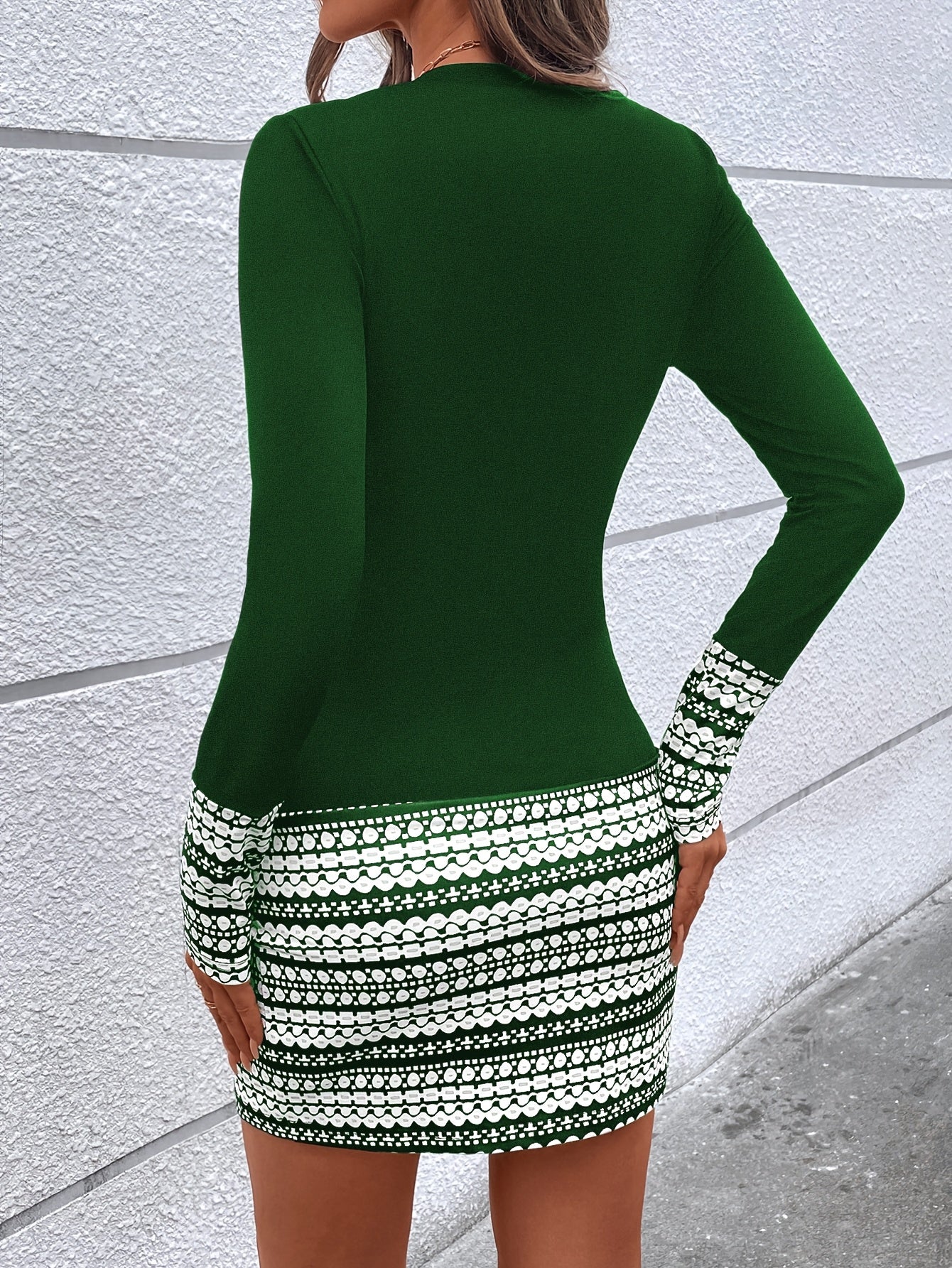 Women's Geometric Bodycon Dress, Long Sleeve Crew Neck, Polyester Knit, All-Season, Plus Size